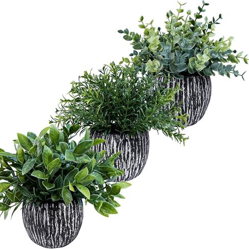 Winlyn Set of 3 Artificial Potted Plants Faux Eucalyptus Rosemary Boxwood Greenery in Black & White Concrete Pots Small Fake Plant for Indoor Outdoor Home Office Table Shelf Windowsill Greens Décor in Saudi Arabia
