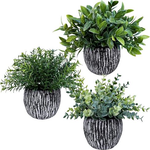Winlyn Set of 3 Artificial Potted Plants Faux Eucalyptus Rosemary Boxwood Greenery in Black & White Concrete Pots Small Fake Plant for Indoor Outdoor Home Office Table Shelf Windowsill Greens Décor in Saudi Arabia