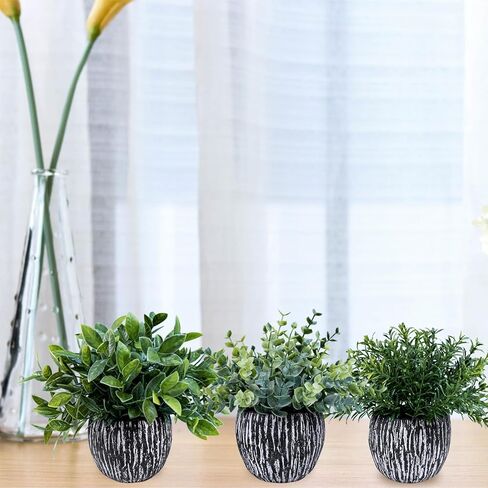 Winlyn Set of 3 Artificial Potted Plants Faux Eucalyptus Rosemary Boxwood Greenery in Black & White Concrete Pots Small Fake Plant for Indoor Outdoor Home Office Table Shelf Windowsill Greens Décor in Saudi Arabia