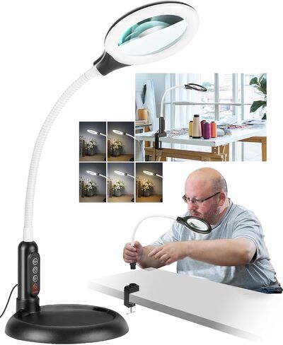 10X Magnifying Glass with Light and Stand, LED 5 Color Modes, Brightness Stepless Dimming Lighted Magnifier Hands Free, Flexible Gooseneck Desk Lamp with Clamp for Close Works, Crafts, Hobby, Painting in Saudi Arabia