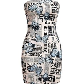 WDIRARA Women's Newspaper Butterfly Print Tube Dress Strapless Bodycon Mini Dresses in Saudi Arabia