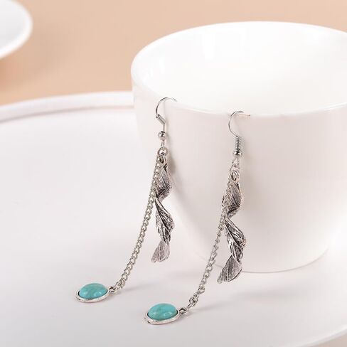 Turquoise Feather Earrings For Men Women Dangle Drop Cute Aesthetic Boho Goth Vintage Feather Leaf Earrings Indian Native Feather Turquoise Earrings Dangling Jewelry Gifts in Saudi Arabia
