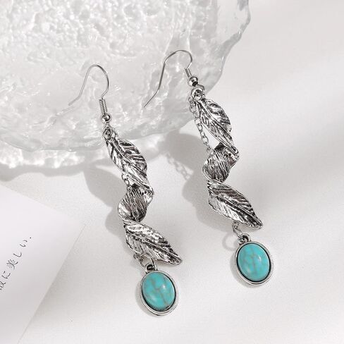 Turquoise Feather Earrings For Men Women Dangle Drop Cute Aesthetic Boho Goth Vintage Feather Leaf Earrings Indian Native Feather Turquoise Earrings Dangling Jewelry Gifts in Saudi Arabia