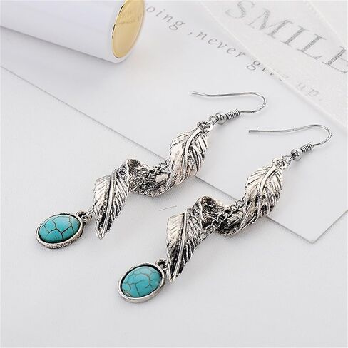 Turquoise Feather Earrings For Men Women Dangle Drop Cute Aesthetic Boho Goth Vintage Feather Leaf Earrings Indian Native Feather Turquoise Earrings Dangling Jewelry Gifts in Saudi Arabia