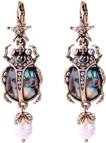 COLORFUL BLING Drop Dangle Earrings For Women - Vintage Jewelry For Women- Unique Beetle Bug Scarab Weird Earrings -Amazing Victorian Scarab Pearl Drop Jewelry - Fashion Abalone Shell Earring Gifts for Women in Saudi Arabia