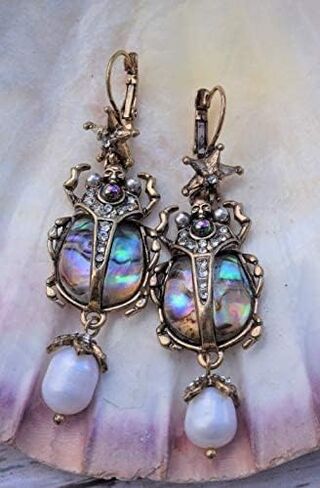 COLORFUL BLING Drop Dangle Earrings For Women - Vintage Jewelry For Women- Unique Beetle Bug Scarab Weird Earrings -Amazing Victorian Scarab Pearl Drop Jewelry - Fashion Abalone Shell Earring Gifts for Women in Saudi Arabia
