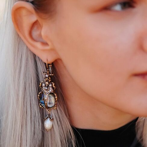 COLORFUL BLING Drop Dangle Earrings For Women - Vintage Jewelry For Women- Unique Beetle Bug Scarab Weird Earrings -Amazing Victorian Scarab Pearl Drop Jewelry - Fashion Abalone Shell Earring Gifts for Women in Saudi Arabia