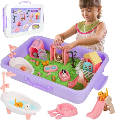 Vextronic Pet Sensory Bin for Toddlers, Dog & Cat Sandbox with Lid, Play Sand Kit with 2.2lbs Sensory Sand for Kids, Pet Sensory Box, Pretend Play Beach Toy Birthday Gift for Girls Boys 3 4 5 6 7 8 in Saudi Arabia