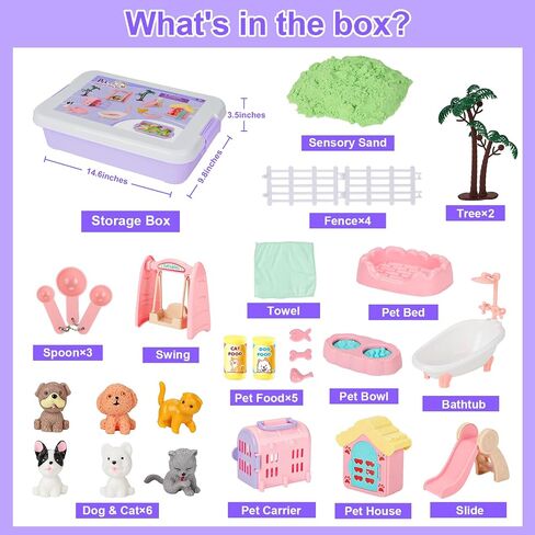 Vextronic Pet Sensory Bin for Toddlers, Dog & Cat Sandbox with Lid, Play Sand Kit with 2.2lbs Sensory Sand for Kids, Pet Sensory Box, Pretend Play Beach Toy Birthday Gift for Girls Boys 3 4 5 6 7 8 in Saudi Arabia