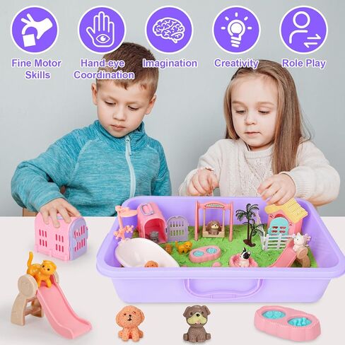 Vextronic Pet Sensory Bin for Toddlers, Dog & Cat Sandbox with Lid, Play Sand Kit with 2.2lbs Sensory Sand for Kids, Pet Sensory Box, Pretend Play Beach Toy Birthday Gift for Girls Boys 3 4 5 6 7 8 in Saudi Arabia