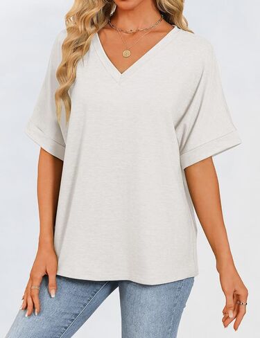 Womens Oversized T Shirts V Neck Loose Fit Shirts Short Sleeve Summer Casual Tops 2025 Trendy Blouses Y2K Plain Tees in Saudi Arabia