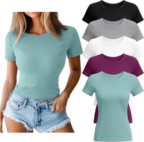 Huukeay 5 Pack Women's Ribbed Cotton Tops Short Sleeve Fitted Slim T-Shirts Crew Neck Casual Basic Summer Tight Tees in Saudi Arabia