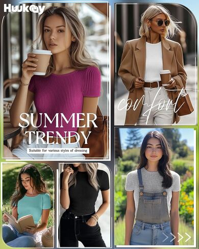 Huukeay 5 Pack Women's Ribbed Cotton Tops Short Sleeve Fitted Slim T-Shirts Crew Neck Casual Basic Summer Tight Tees in Saudi Arabia