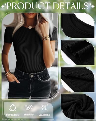 Huukeay 5 Pack Women's Ribbed Cotton Tops Short Sleeve Fitted Slim T-Shirts Crew Neck Casual Basic Summer Tight Tees in Saudi Arabia