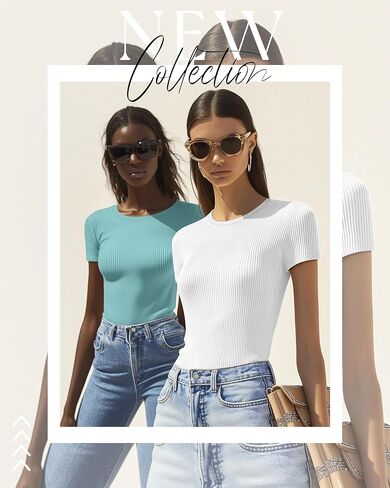 Huukeay 5 Pack Women's Ribbed Cotton Tops Short Sleeve Fitted Slim T-Shirts Crew Neck Casual Basic Summer Tight Tees in Saudi Arabia