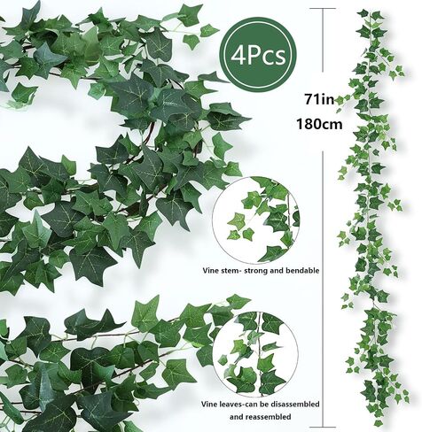 4 Strands Fake Plants Artificial Vine Ivy 71 "Fake Vine Silk Green Leaves Faux Hanging Plant Greenery for Bedroom Home Wall Party Wedding Arch Apartment Room Decor (Ivy) in Saudi Arabia
