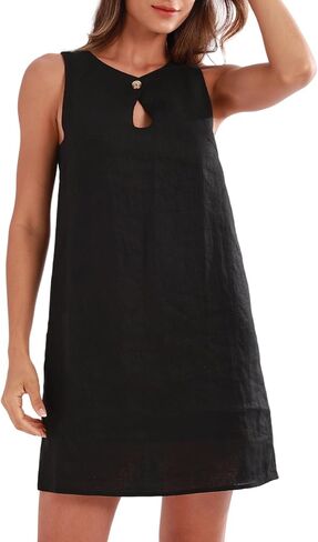 Amazhiyu Women's Pure Linen Sleeveless A-Line Mini Tank Dress with Keyhole Back in Saudi Arabia