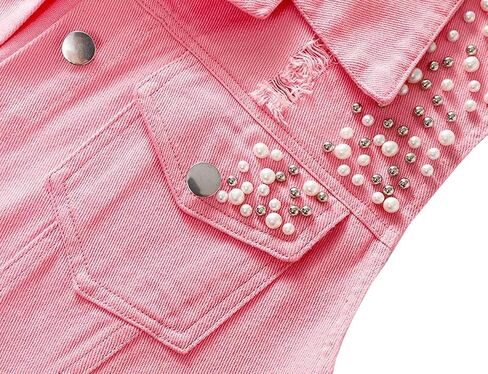 Womens Beading Pearls Denim Button Vest Ripped Waistcoatvest Sleeveless Jean Jacket in Saudi Arabia