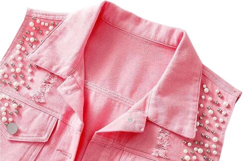Womens Beading Pearls Denim Button Vest Ripped Waistcoatvest Sleeveless Jean Jacket in Saudi Arabia