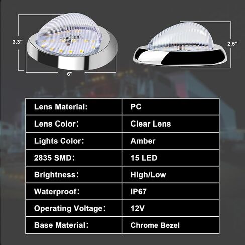 2Pcs 6" Amber Lens Amber LED Side Marker & Turn Signal Light, 15 LED Oval Sleeper Cab Clearance Light for Freightliner Century/Columbia, Universal Truck Trailer, Surface Mount, Chrome Bezel in Saudi Arabia