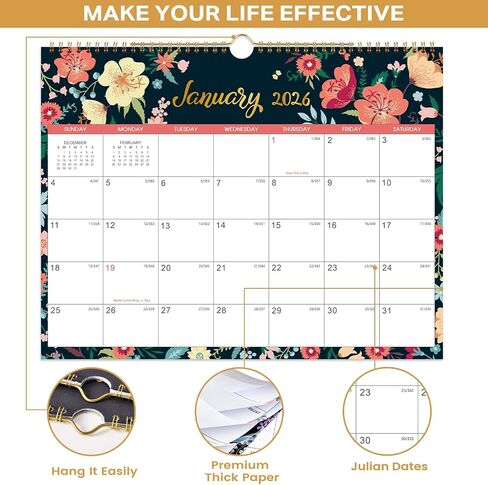 Calendar 2025-2026 - Wall Calendar 2025-2026 with 18 Months, Jul. 2025 - Dec. 2026, 11" x 8.5", 2025-2026 Wall Calendar with Thick Paper, Twin-Wire Binding - Floral in Saudi Arabia