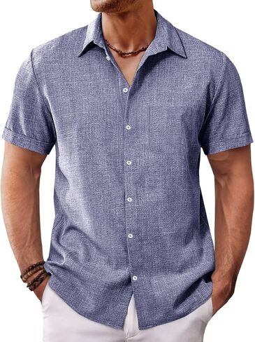 Runcati Mens Button Down Linen Shirt Short Sleeve Casual Summer Beach Wedding Tops in Kuwait