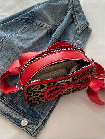 Women's Bowknot Leopard Crossbody Shoulder Handbags Adjustable Strap Zipper Purse Y2K Square Bags in Saudi Arabia