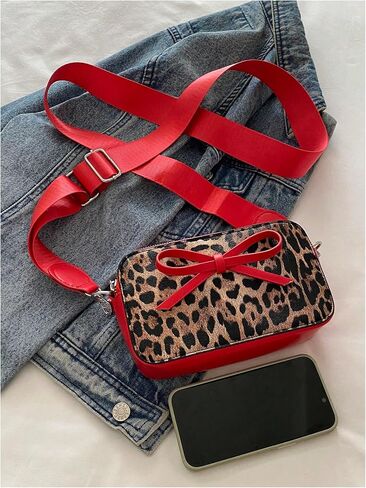 Women's Bowknot Leopard Crossbody Shoulder Handbags Adjustable Strap Zipper Purse Y2K Square Bags in Saudi Arabia