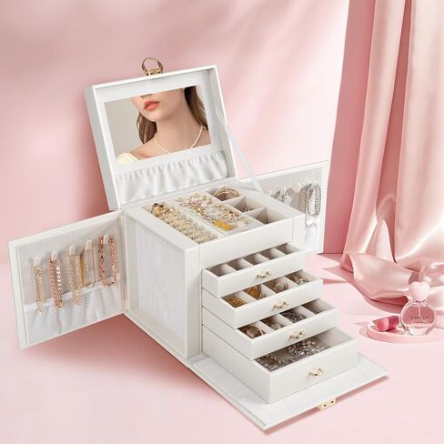 5-Layer Jewelry Box Huge Lockable Jewelry Organizer for Necklace Ring Earring Bracelet and Watch Storage, Multi-Function Storage Case with Lock and Mirror for Women, White in Saudi Arabia