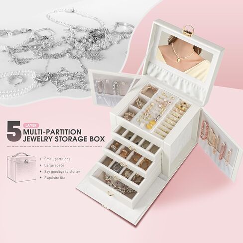 5-Layer Jewelry Box Huge Lockable Jewelry Organizer for Necklace Ring Earring Bracelet and Watch Storage, Multi-Function Storage Case with Lock and Mirror for Women, White in Saudi Arabia