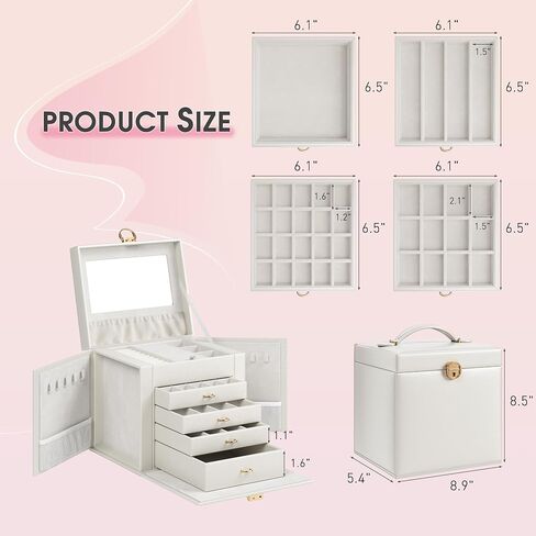5-Layer Jewelry Box Huge Lockable Jewelry Organizer for Necklace Ring Earring Bracelet and Watch Storage, Multi-Function Storage Case with Lock and Mirror for Women, White in Saudi Arabia