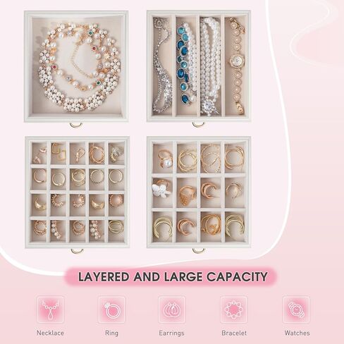 5-Layer Jewelry Box Huge Lockable Jewelry Organizer for Necklace Ring Earring Bracelet and Watch Storage, Multi-Function Storage Case with Lock and Mirror for Women, White in Saudi Arabia