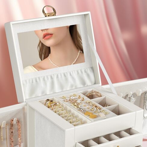 5-Layer Jewelry Box Huge Lockable Jewelry Organizer for Necklace Ring Earring Bracelet and Watch Storage, Multi-Function Storage Case with Lock and Mirror for Women, White in Saudi Arabia