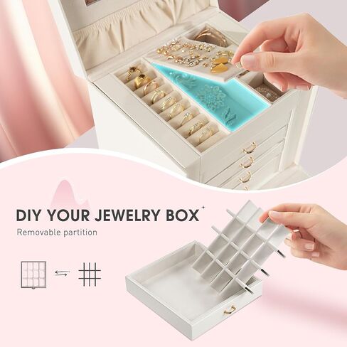 5-Layer Jewelry Box Huge Lockable Jewelry Organizer for Necklace Ring Earring Bracelet and Watch Storage, Multi-Function Storage Case with Lock and Mirror for Women, White in Saudi Arabia