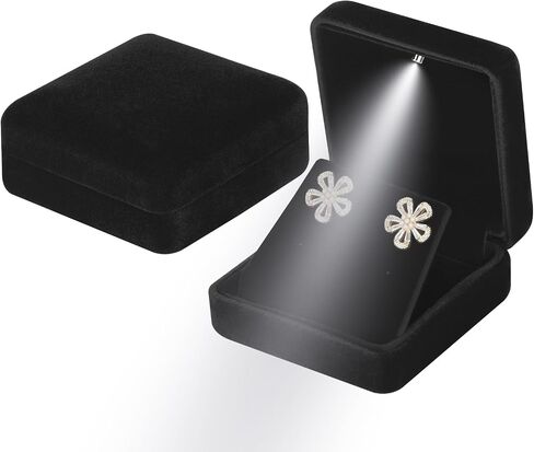 Leture Velvet Metal Enring Gift Box مع LED LED ، حافظة حامل المجوهرات الصغيرة الفاخرة لأقراط قلادة قلادة ، أقراط عرض عرض لاقتراح مشاركة الزفاف (أسود) in Saudi Arabia