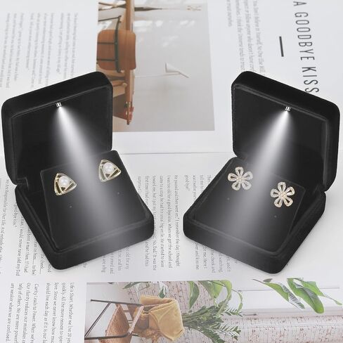 Leture Velvet Metal Enring Gift Box مع LED LED ، حافظة حامل المجوهرات الصغيرة الفاخرة لأقراط قلادة قلادة ، أقراط عرض عرض لاقتراح مشاركة الزفاف (أسود) in Saudi Arabia