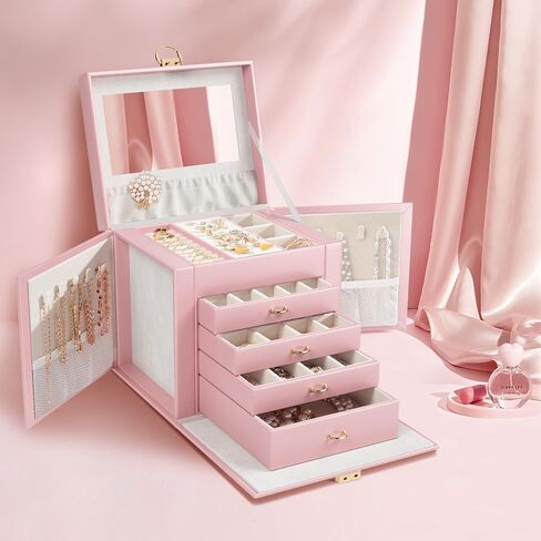 5-Layer Jewelry Box Huge Lockable Jewelry Organizer for Necklace Ring Earring Bracelet and Watch Storage, Multi-Function Storage Case with Lock and Mirror for Women, White in Saudi Arabia