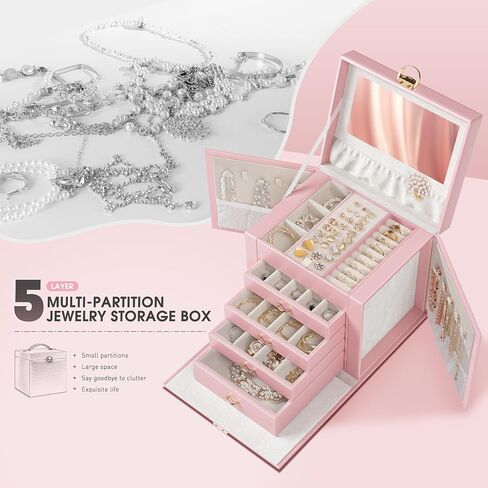 5-Layer Jewelry Box Huge Lockable Jewelry Organizer for Necklace Ring Earring Bracelet and Watch Storage, Multi-Function Storage Case with Lock and Mirror for Women, White in Saudi Arabia