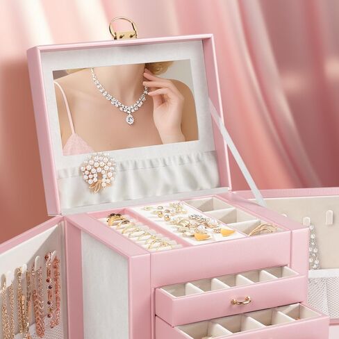 5-Layer Jewelry Box Huge Lockable Jewelry Organizer for Necklace Ring Earring Bracelet and Watch Storage, Multi-Function Storage Case with Lock and Mirror for Women, White in Saudi Arabia