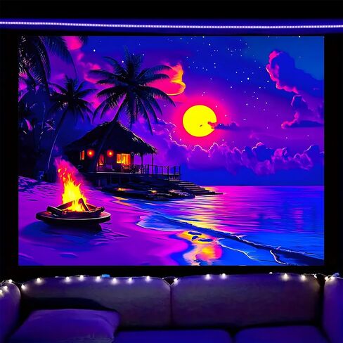 Nuxovilar UV Tapestry Trabic Tropical Sunset Scenset مشهد Blacklight Cool UV الأسود Light Light Night Tapestry غرفة المعيشة وديكور غرفة نوم 78.74 "x59.05" in Kuwait