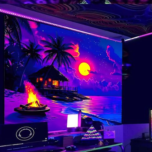 Nuxovilar UV Tapestry Trabic Tropical Sunset Scenset مشهد Blacklight Cool UV الأسود Light Light Night Tapestry غرفة المعيشة وديكور غرفة نوم 78.74 "x59.05" in Kuwait