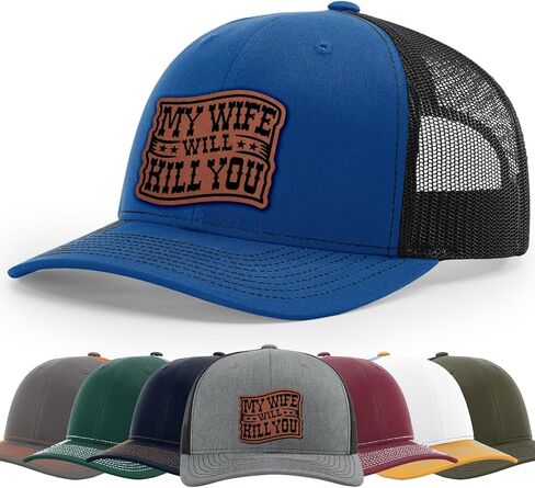 My Wife Will Kill You, Funny Husband Warning, Bold Hat, 112 Style Trucker Leather Patch Hat for Men And Women Breathable Hat, Snapback Adjustable Hat in Saudi Arabia