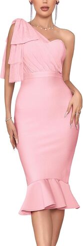 houstil Women's One Shoulder Fishtail Wedding Guest Bandage Dress Mesh Midi Graduation Bodycon Party Club Dresses in Kuwait