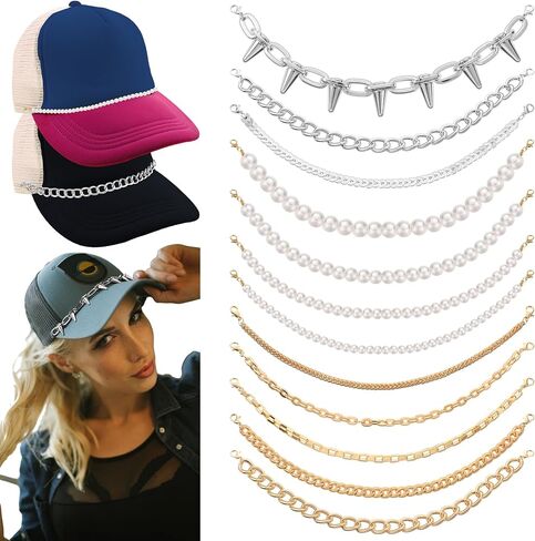 Tondiamo 12 Pcs Trucket Hat Chains Turquoise Metal Pearl Hat Chain Decorations DIY Mesh Baseball Cap Brim Necklace Purse Decor Accessories in Saudi Arabia