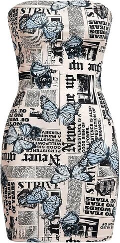Wdirara Women's Newspaper Butterfly Print Tube Dress Dress Bodycon Mini Dresses in Saudi Arabia