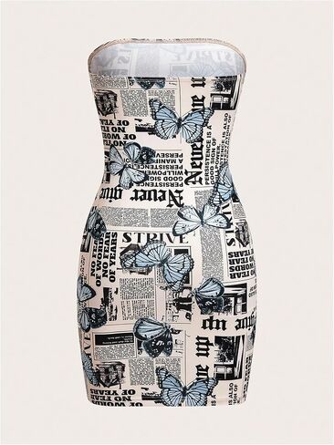 Wdirara Women's Newspaper Butterfly Print Tube Dress Dress Bodycon Mini Dresses in Saudi Arabia
