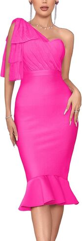 houstil Women's One Shoulder Fishtail Wedding Guest Bandage Dress Mesh Midi Graduation Bodycon Party Club Dresses in Kuwait