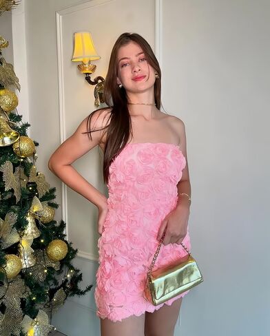 Womens Strapless Mini Dress Sexy Short Bodycon Off Shoulder Stretchy 3D Floral Appliques Tube Top Cocktail Party Dress in Kuwait