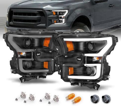 AmeriLite for 2015-2017 Ford F150 Pickup [Halogen Type] Dual LED Bar Projector Black Replacement Headlight Set - Driver and Passenger Side in Saudi Arabia