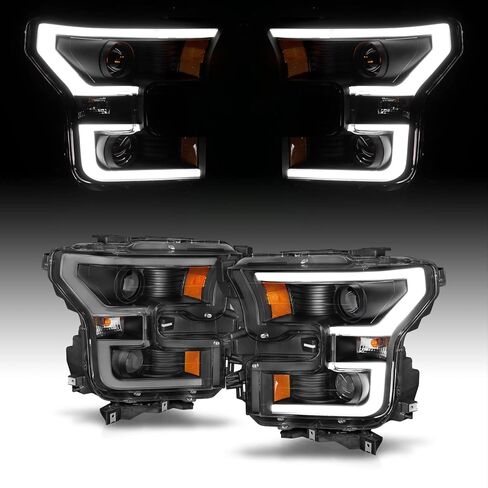AmeriLite for 2015-2017 Ford F150 Pickup [Halogen Type] Dual LED Bar Projector Black Replacement Headlight Set - Driver and Passenger Side in Saudi Arabia